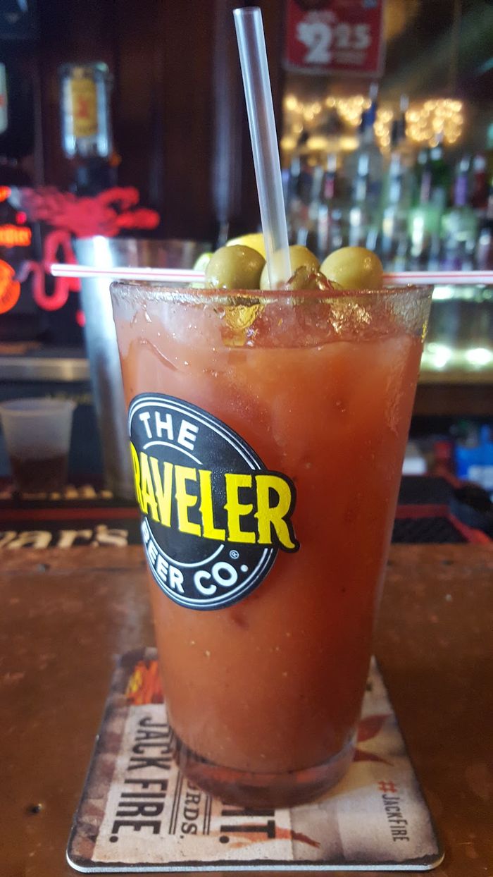 A garnished Bloody Mary at the bar