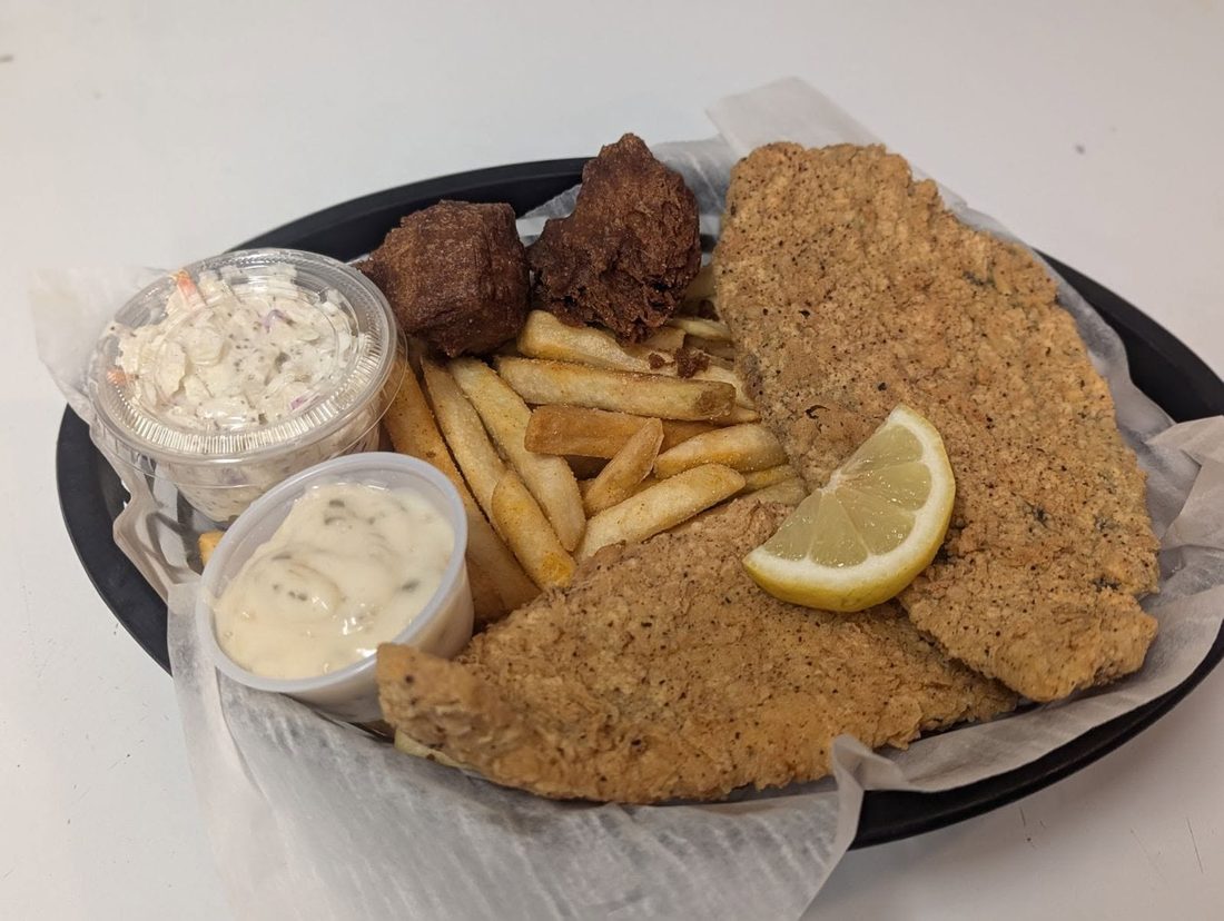 Fried fish plate with fries and slaw